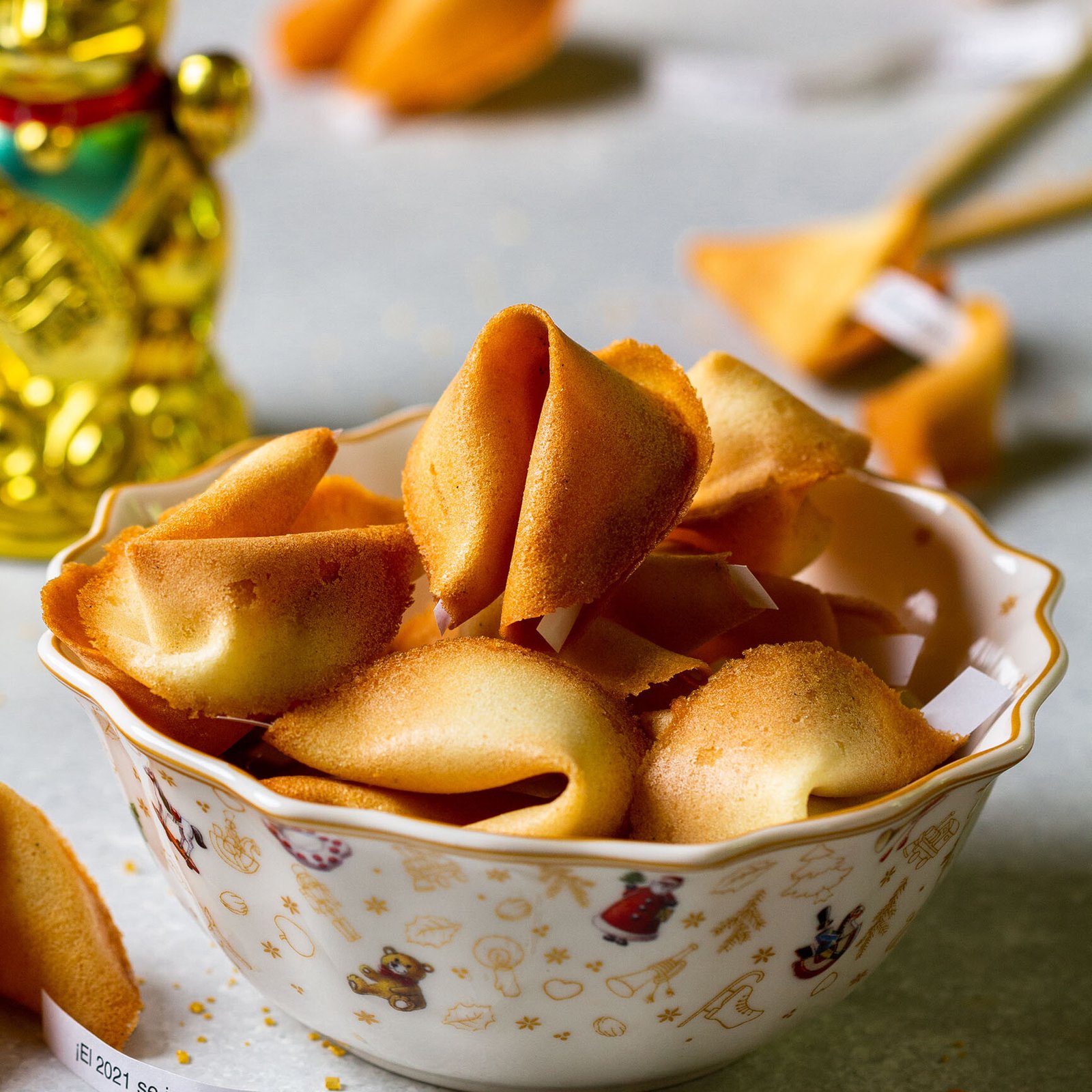 a bowl of fortune cookies